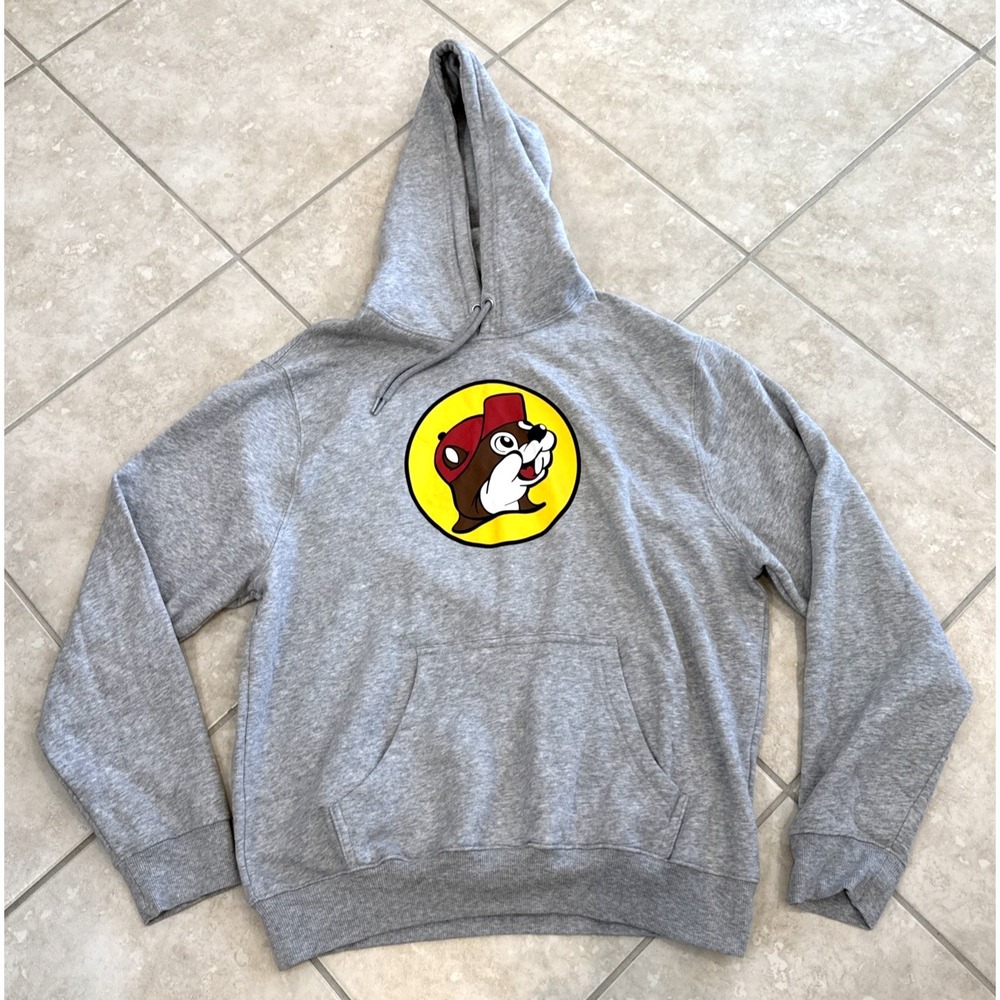 Buc-ees Hoodie Mens L Gray‎ Pullover Sweatshirt Kangaroo Pocket Logo Graphic